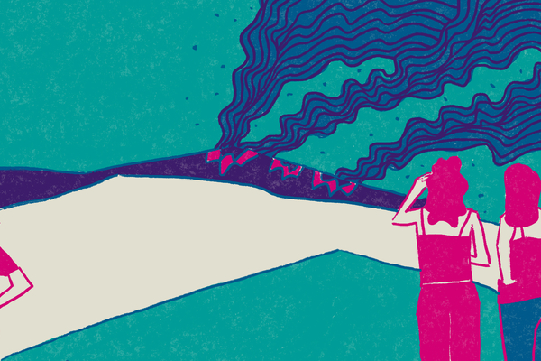 رسمة لأشخاص يشاهدون حقلًا يحترق